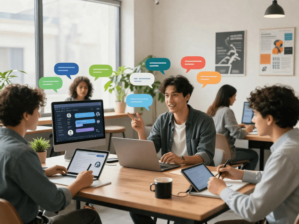 Juicy chat AI technology demonstrated in a vibrant co-working space, fostering communication and collaboration.