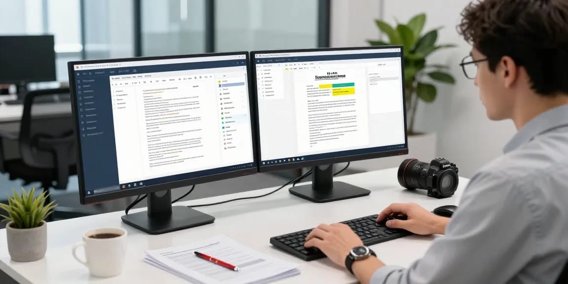 Document fraud detection software in action, highlighting suspicious documents on a data scientist's workstation.