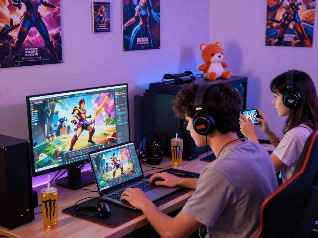 Engaged players enjoying transformation porn games on laptops and mobile devices, showcasing vibrant graphics in a cozy gaming space.