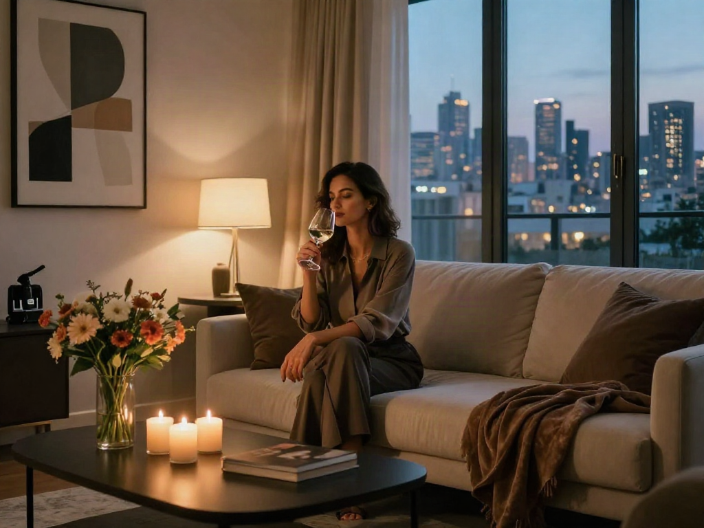 Elegant woman enjoying wine in a stylish discreet apartment in Ramat Gan, reflecting the atmosphere of דירות דיסקרטיות ברמת גן.