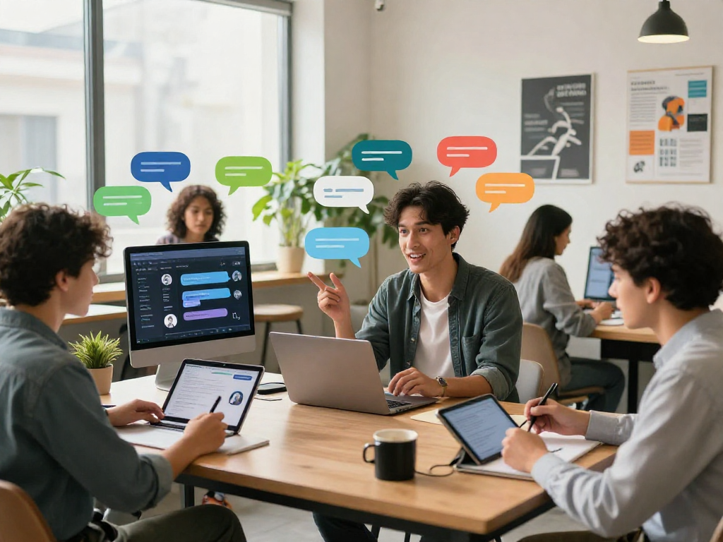 Juicy chat AI technology demonstrated in a vibrant co-working space, fostering communication and collaboration.
