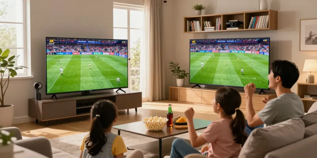 Family enjoying an abbonamento iptv experience while watching live sports.