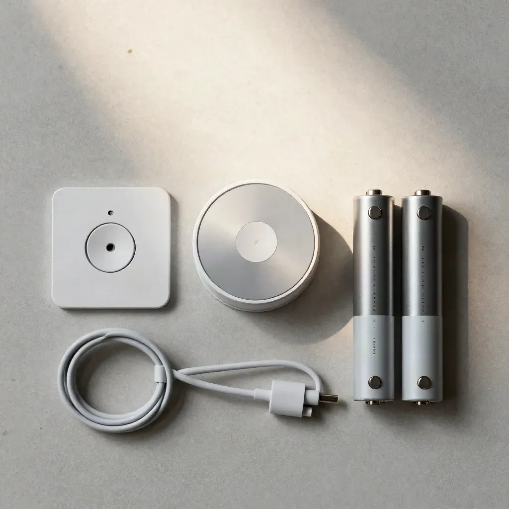Termostato Wi‑Fi rotondo con base, batterie e cavo ordinati su pietra chiara.