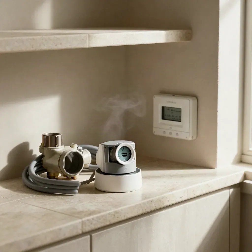 Termostato Wi‑Fi con kit base e componenti boiler in un vano tecnico luminoso