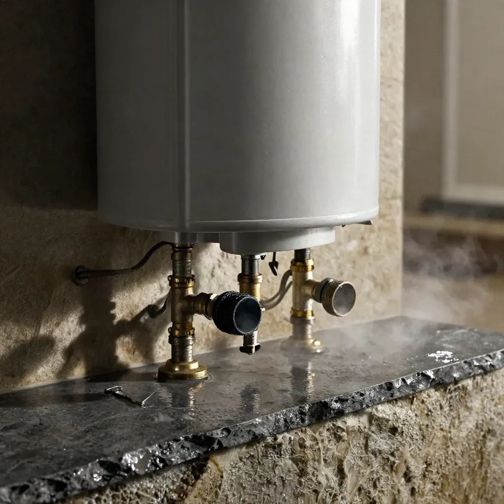 Scaldabagno a gas su lastra di pietra bagnata con tubi, condensa e luce drammatica.