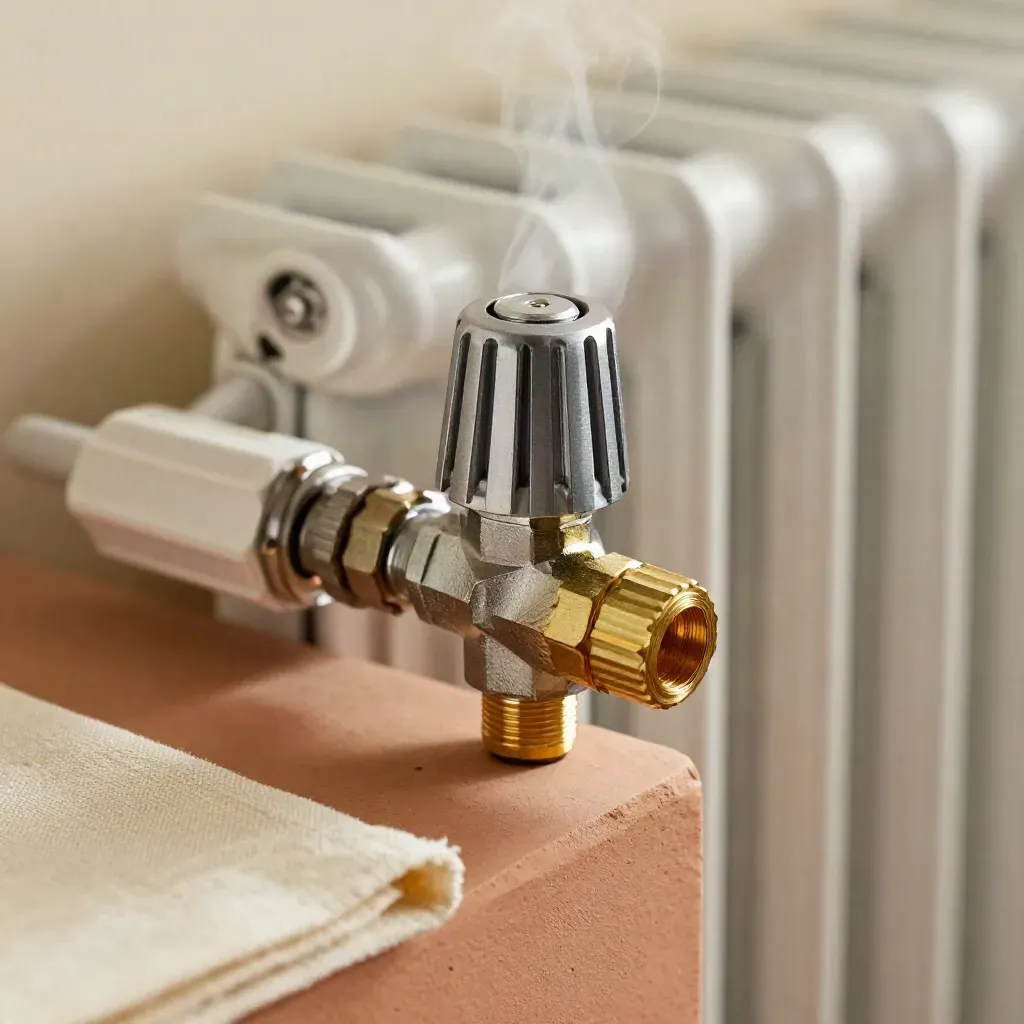 Valvola termostatica per radiatore accanto a una aletta, in luce calda e morbida.