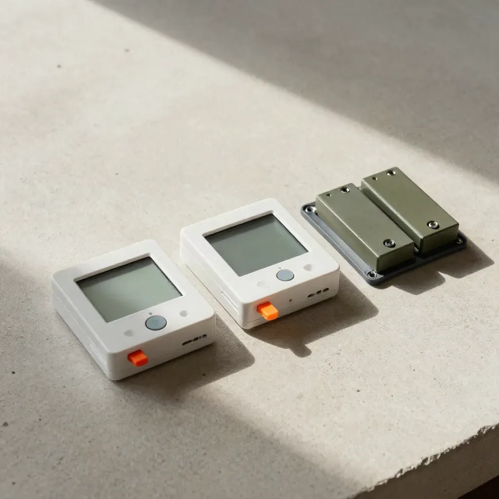Termostato rettangolare con batterie e viti in flat lay tecnico su lastra chiara