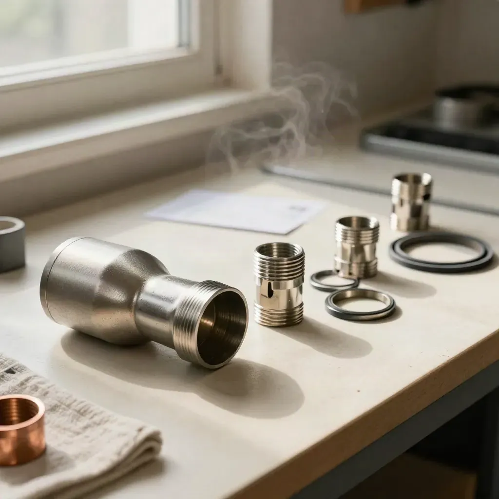 Kit fumi in acciaio inox su banco chiaro, luce morbida e vapore leggero, ambiente tecnico.
