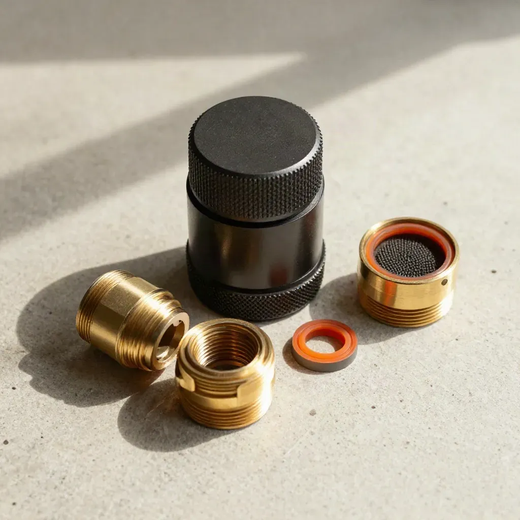 Filtro magnetico compatto smontato su cemento chiaro, dall'alto, con raccordi in ottone