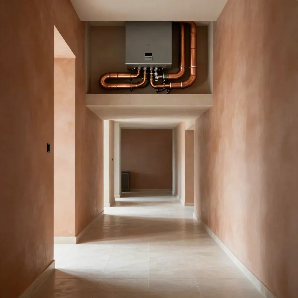 Corridoio tecnico luminoso con nicchia della caldaia, tubi metallici e pavimento chiaro.