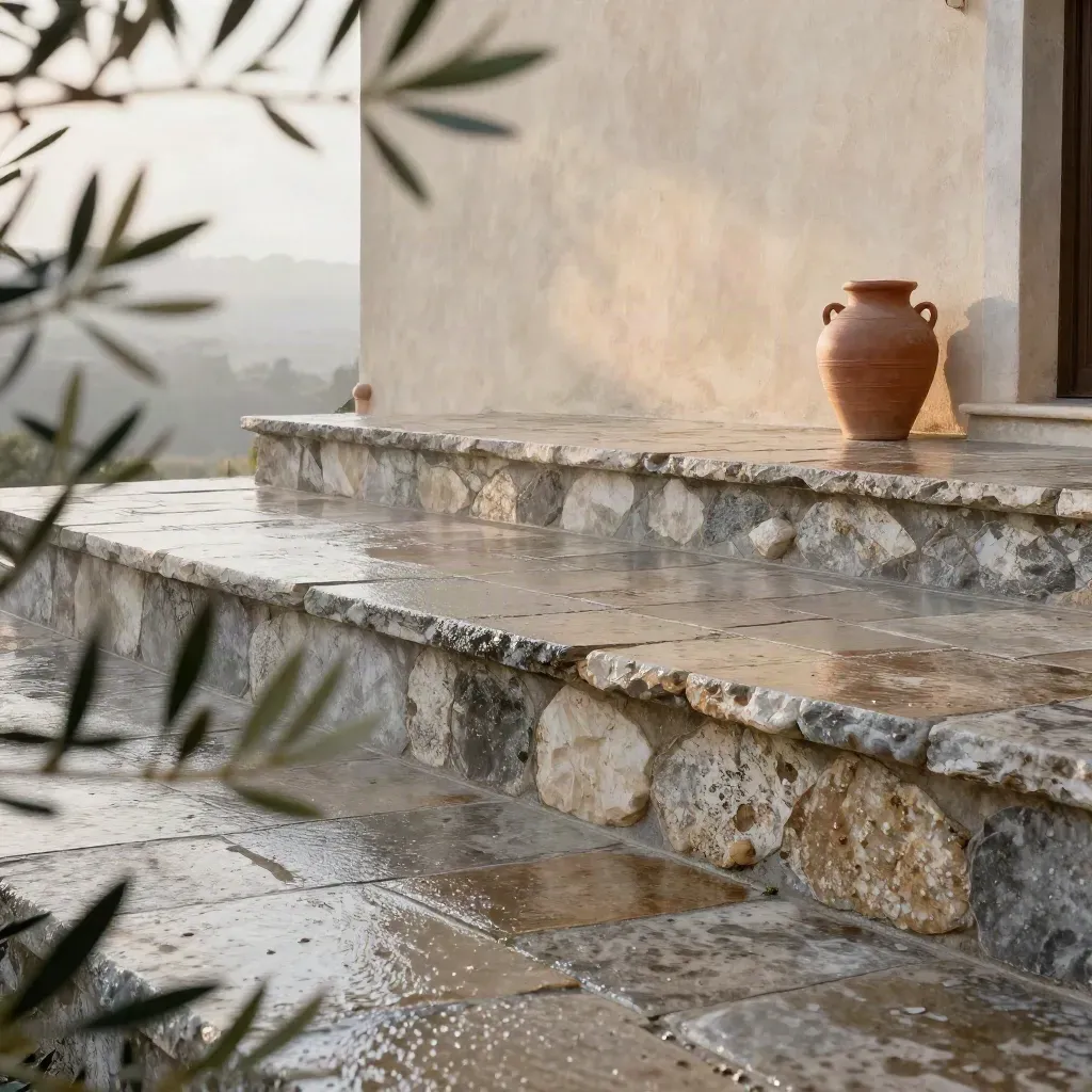 Terrazza di pietra bagnata, facciata in stucco caldo, ulivo sfocato e vaso di terracotta.