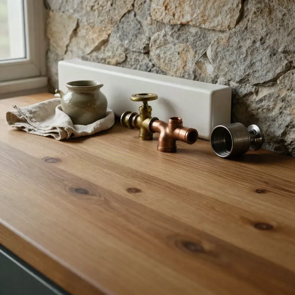 Superficie in legno e pietra con componenti per caldaie, luce calda dall'alto.