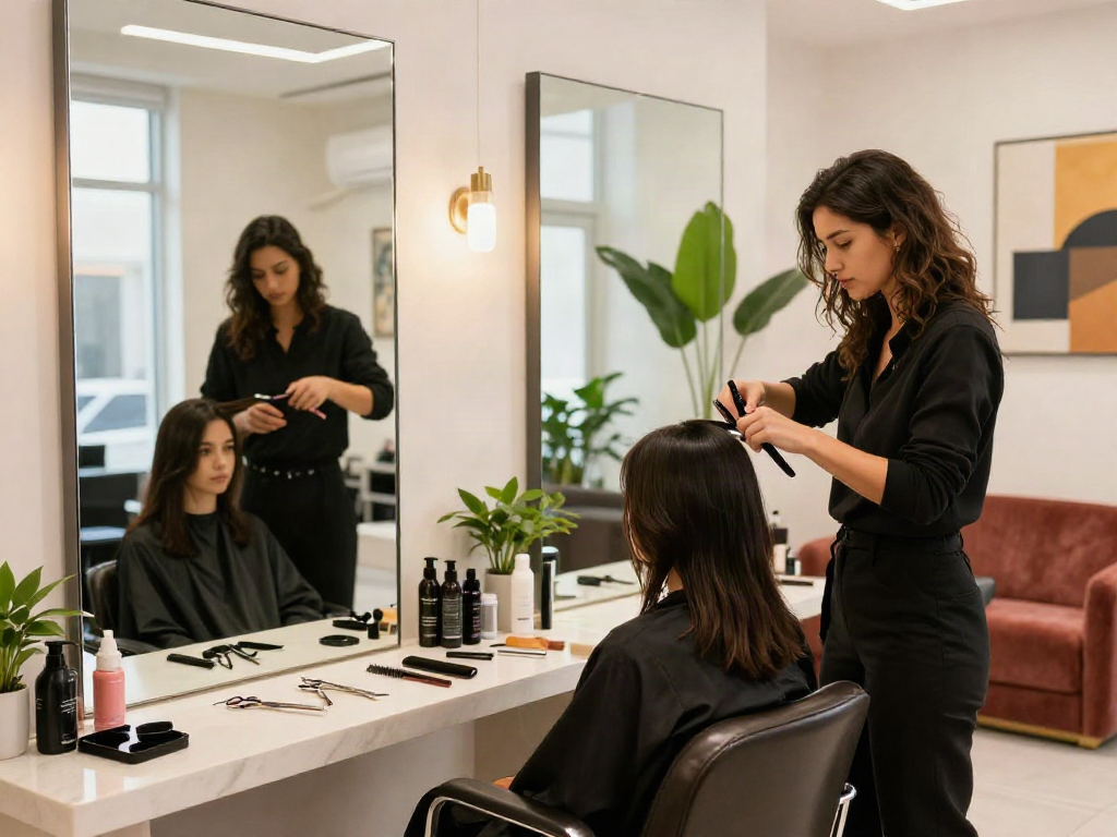 Hairstylist at https://carbonegroupparrucchieri.it/ cutting hair in a stylish salon with natural light and modern decor.