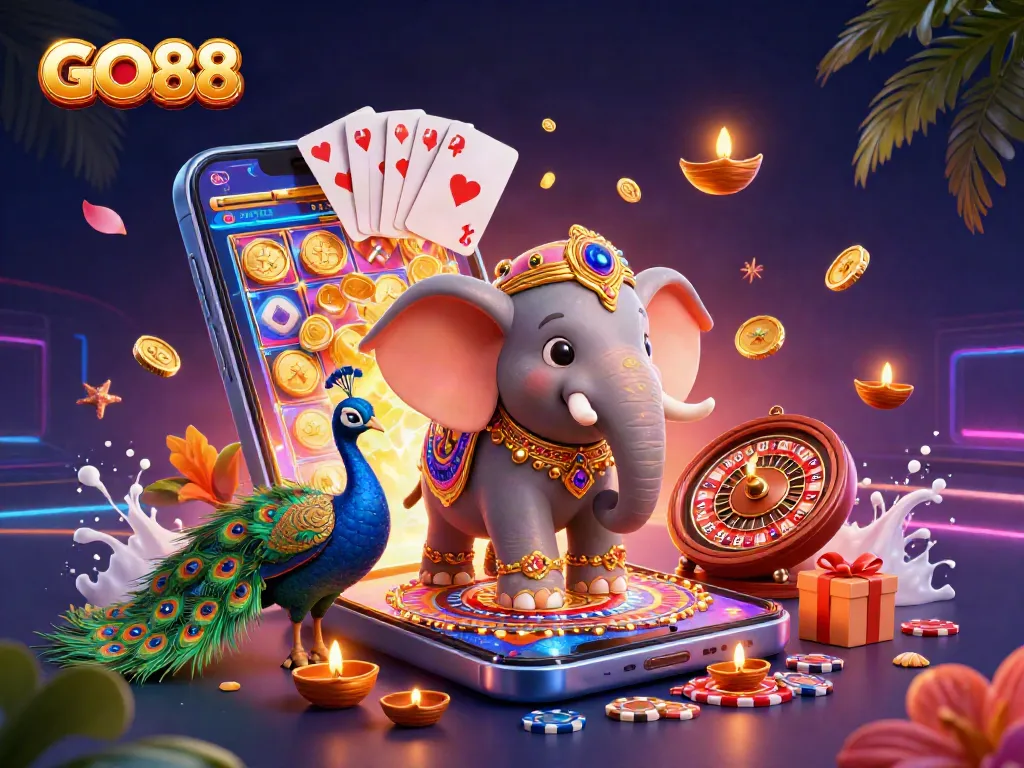 Experience GO88's thrilling gameplay with vibrant characters and casino elements in this dynamic illustration.